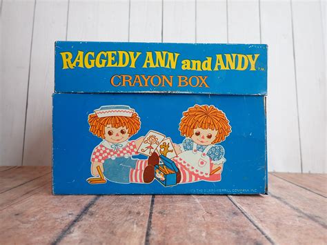 metal raggedy ann and andy crayon box|Vintage 1974 Raggedy Ann And Andy Metal Tin Crayon Box By J .